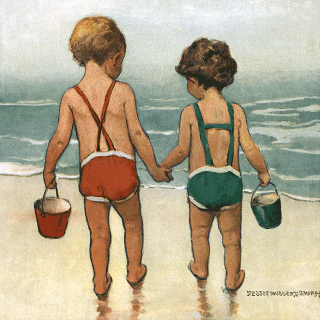 A sweet illustration image of a brother and sister holding hands on the beach, walking towards the water with small sand buckets.