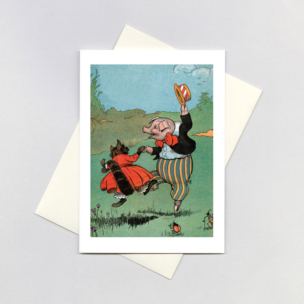 Cat and Pig Dancing - Animal Friends Greeting Card