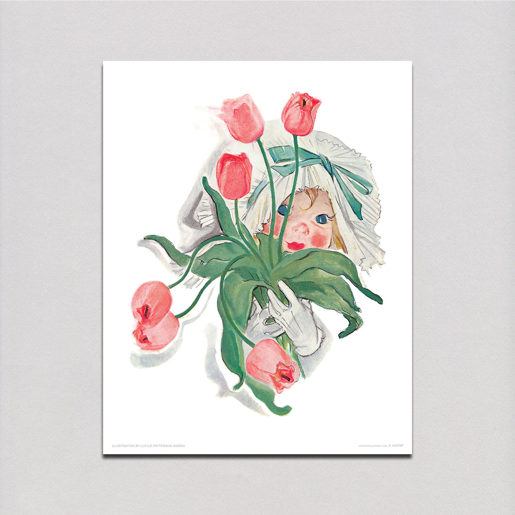 Child With Pink Tulips - Children Art Print