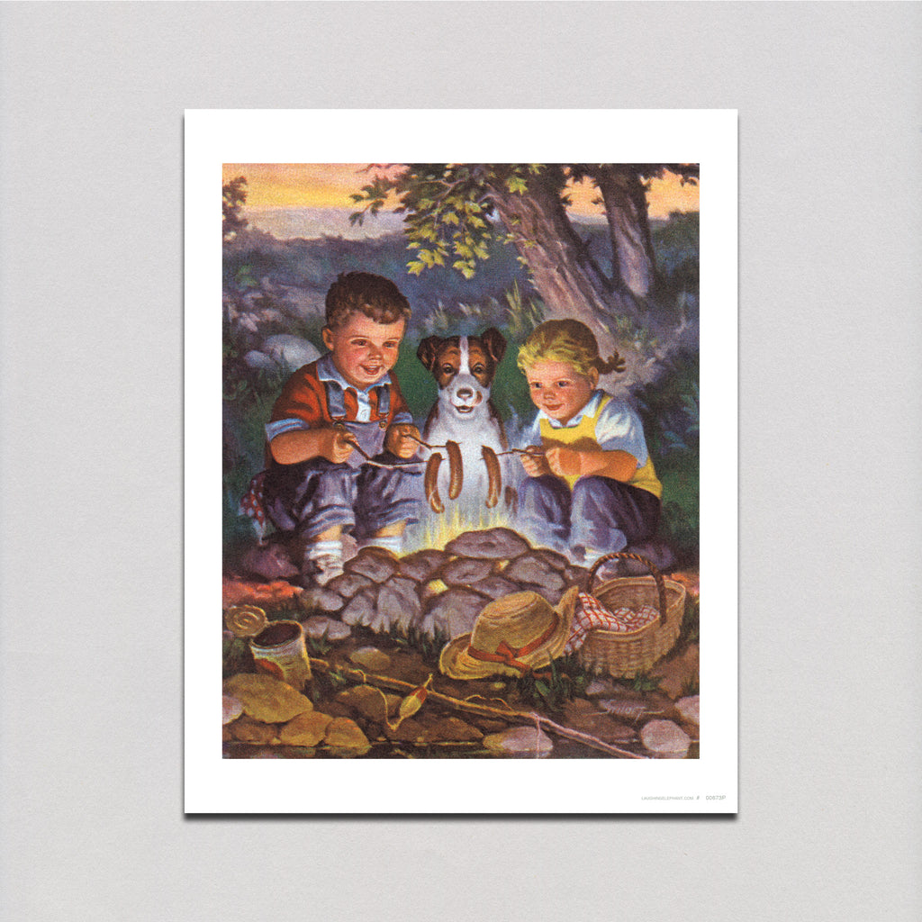 Kids and Dog By the Campfire - Children Art Print