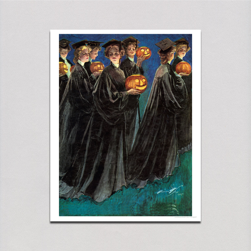 Graduating Girls w/ Jack-O-Lanterns - Halloween Art Print