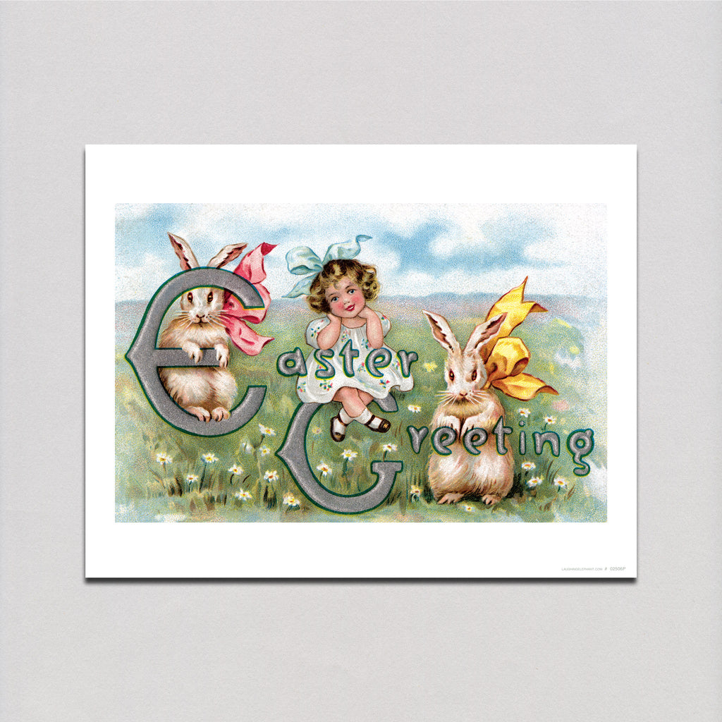 Bunnies and Girl - Easter Art Print
