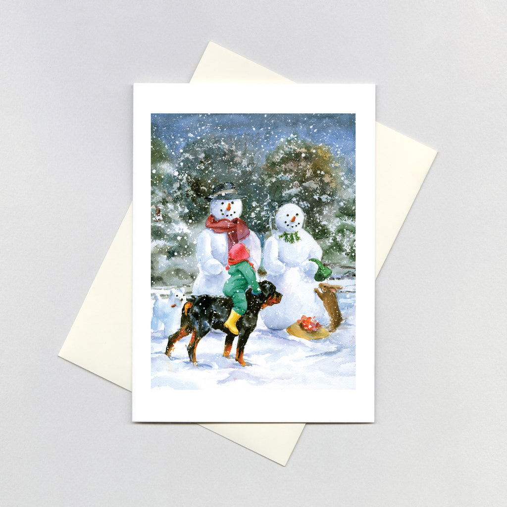 Carl and Madeleine With the Snowmen - Good Dog Carl Greeting Card