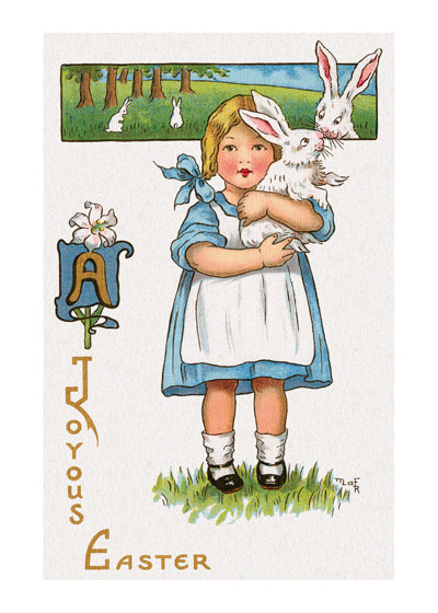 Girl Holding a Rabbit - with Easter Greetings - Easter Greeting Card