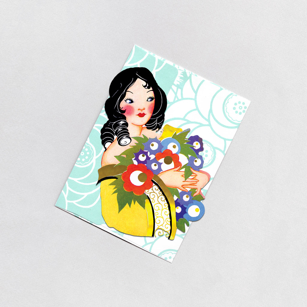 Lady With Ringlets and Flowers - Art Deco Ladies Greeting Card