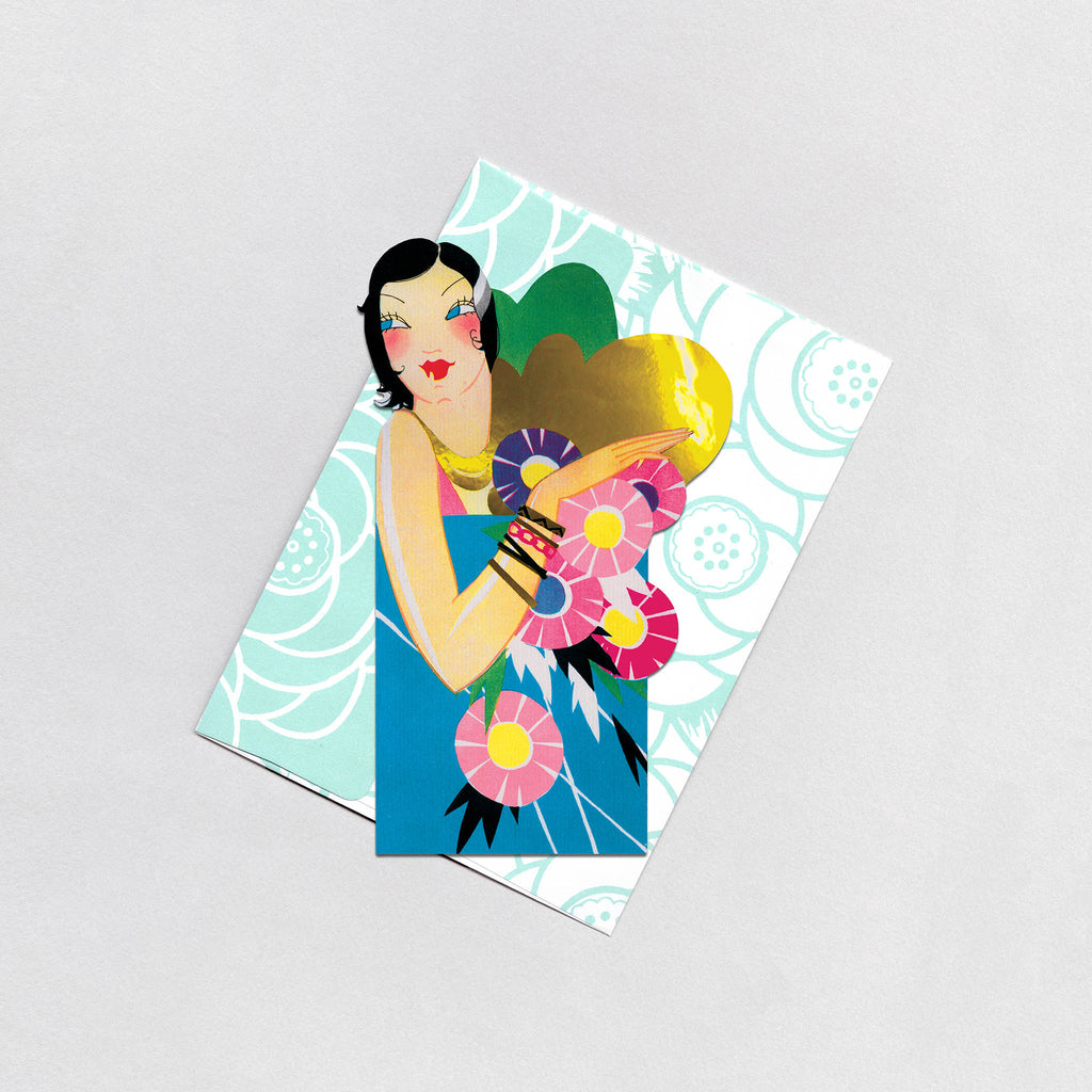 Flapper With Bracelet and Flowers - Art Deco Ladies Greeting Card