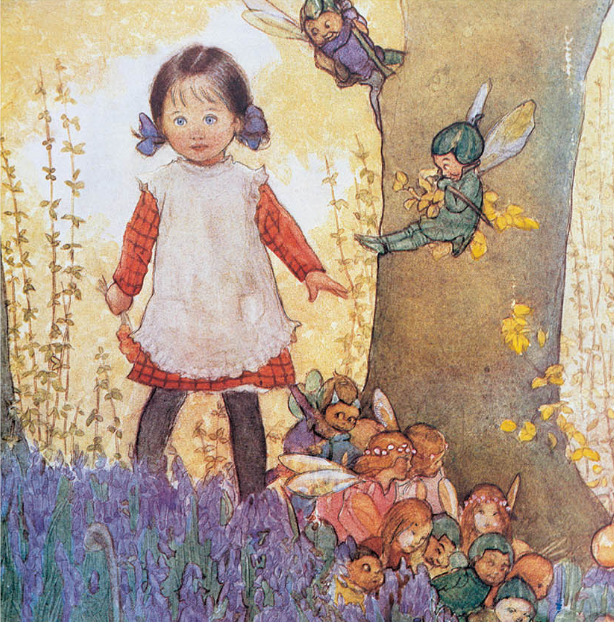 An illustration of a young girl coming across a group of fairies among flowers.