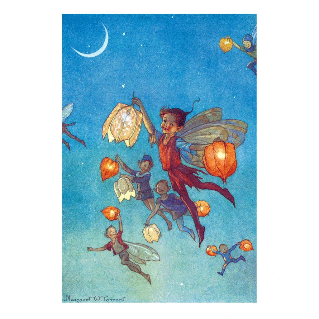 Margaret Tarrent illustration of fairies with lanterns against a night sky with moon and stars.