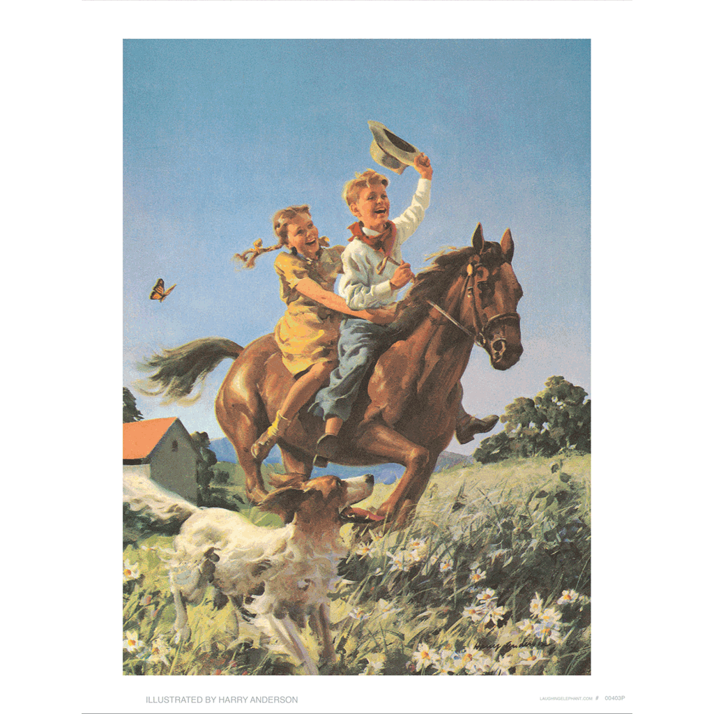 Boy and Girl Riding a Horse - Children Art Print