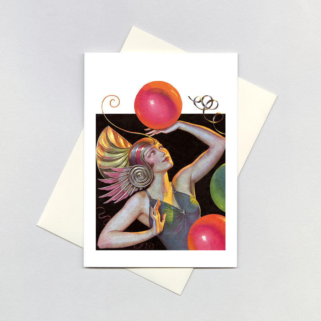 Costumed Lady with Balloons - Birthday Greeting Card