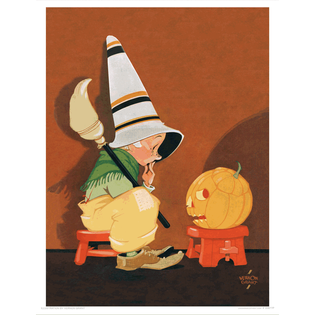 Cute Witch & Jack-O-Lantern - Halloween Art Print
