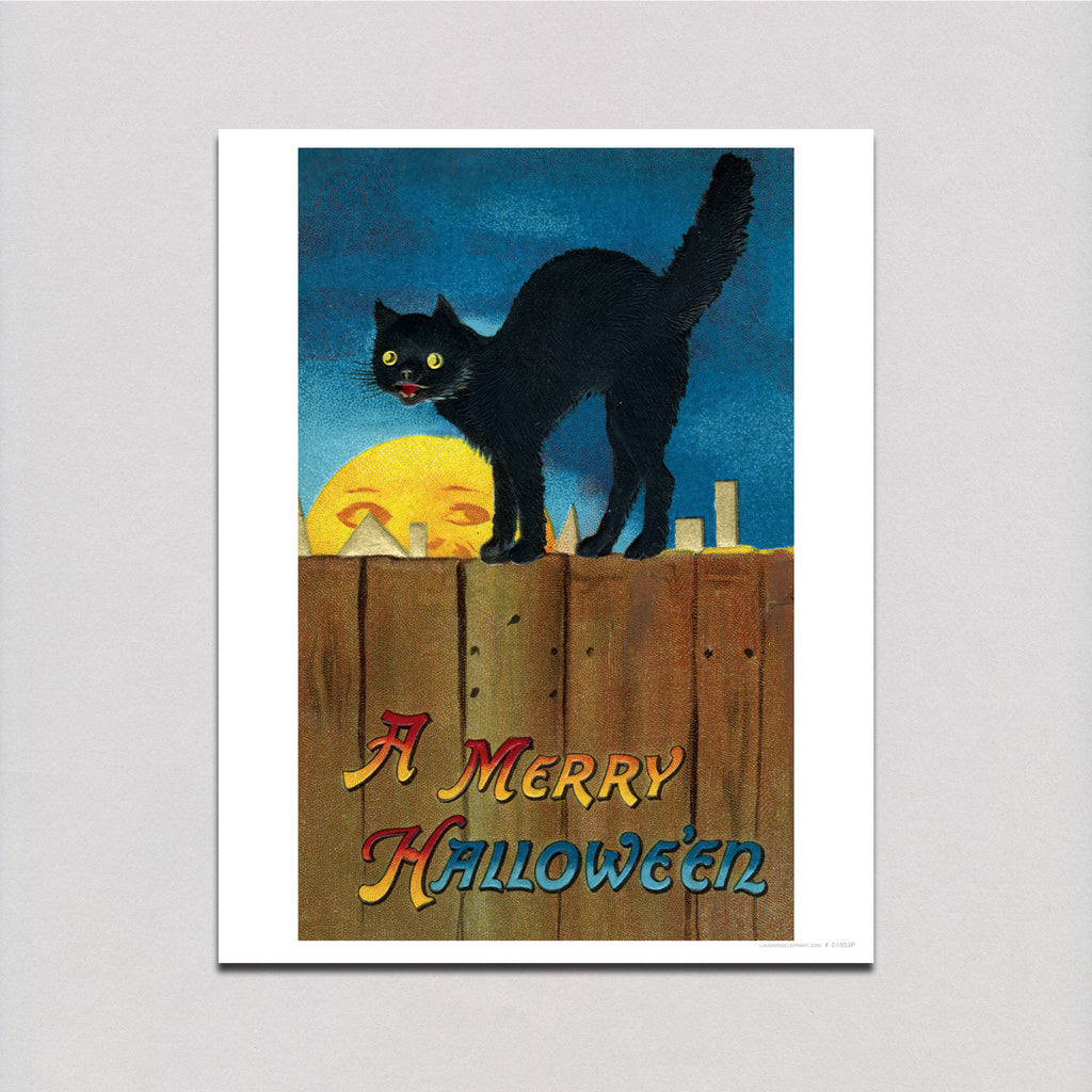 Black Cat on a Fence - Halloween Art Print