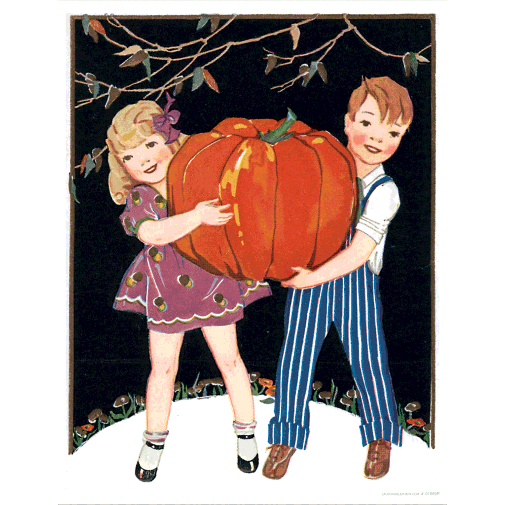 Children & Giant Pumpkin - Halloween Art Print