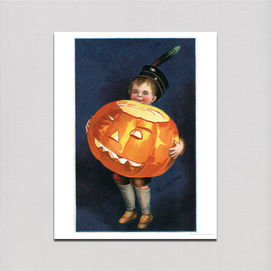 Boy Holding Big Pumpkin - Halloween Art Print