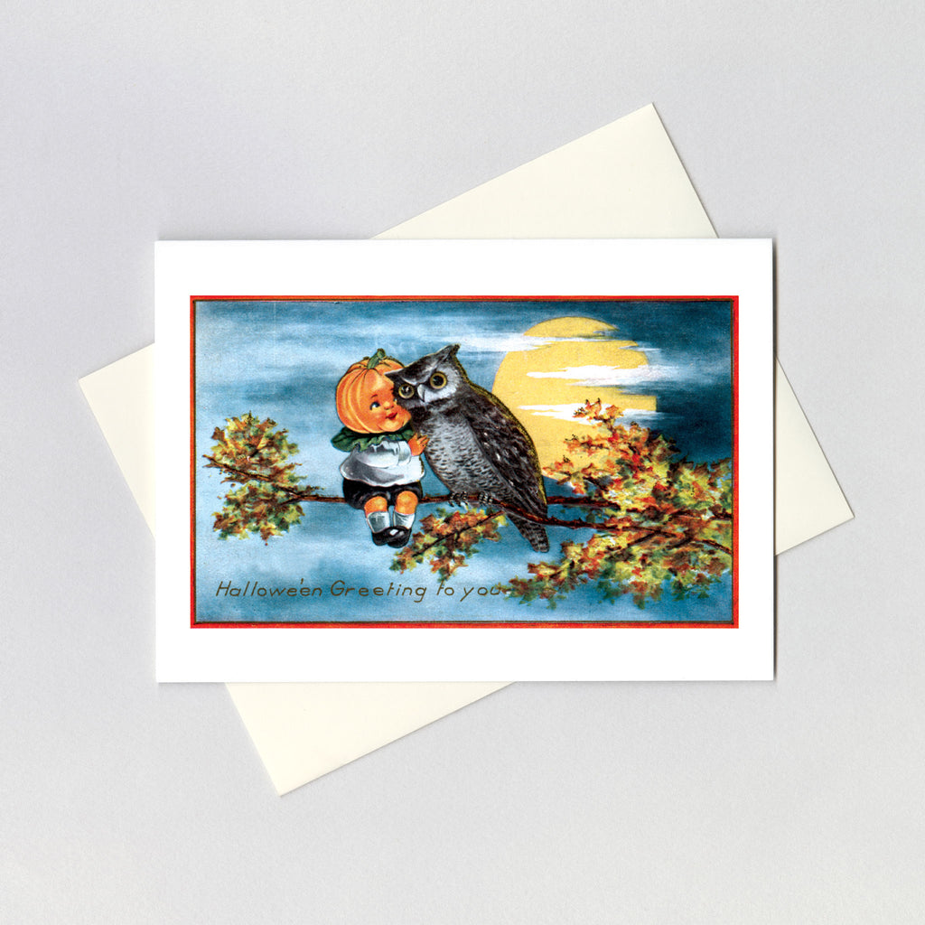 Owl and Pumpkin Girl - Halloween Greeting Card