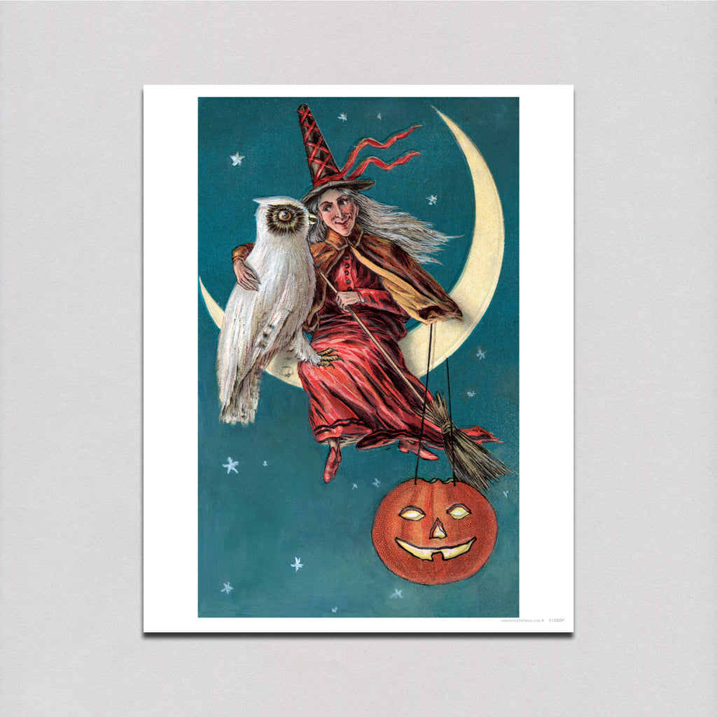 Witch with White Owl - Halloween Art Print