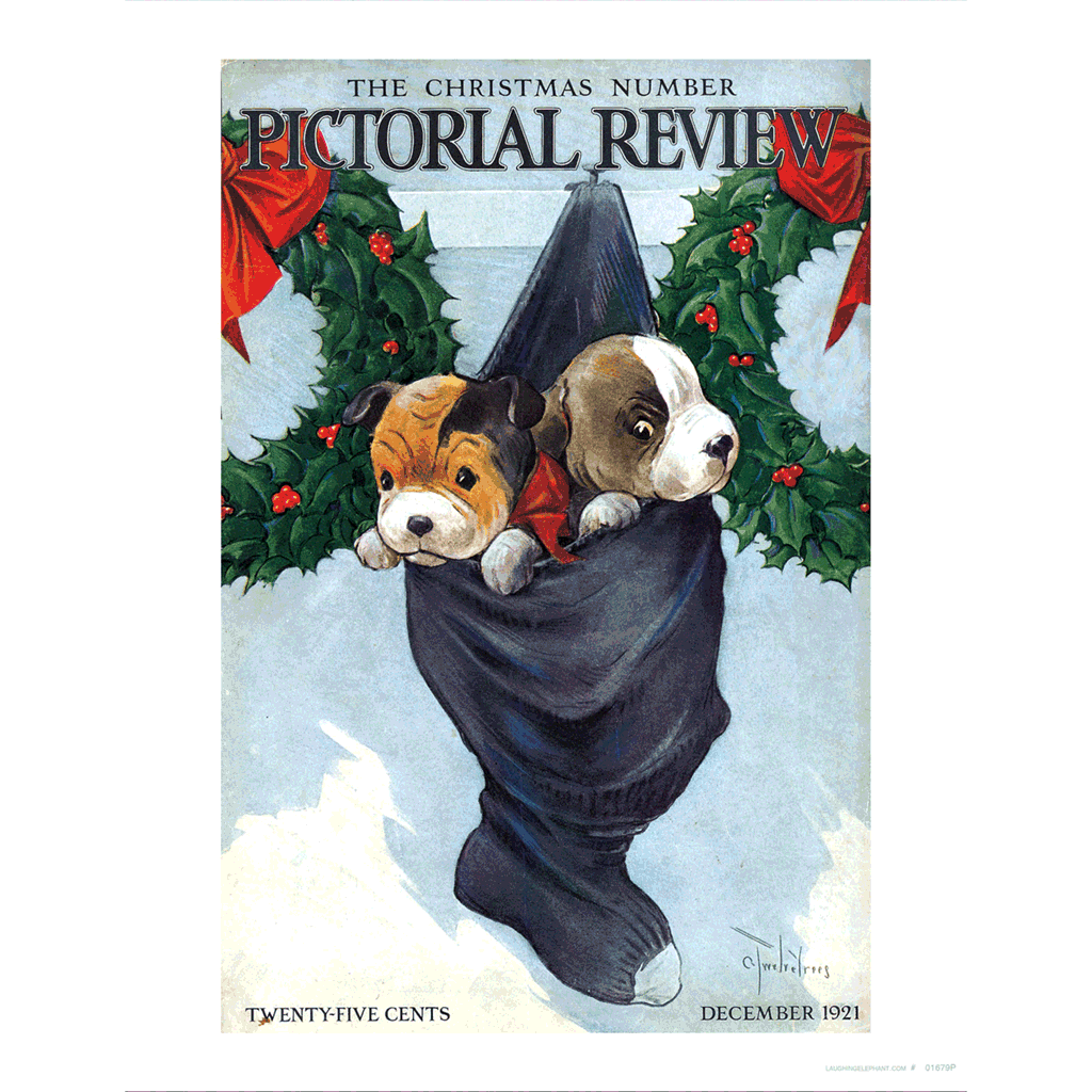 Puppies in a Christmas Stocking - Christmas Art Print