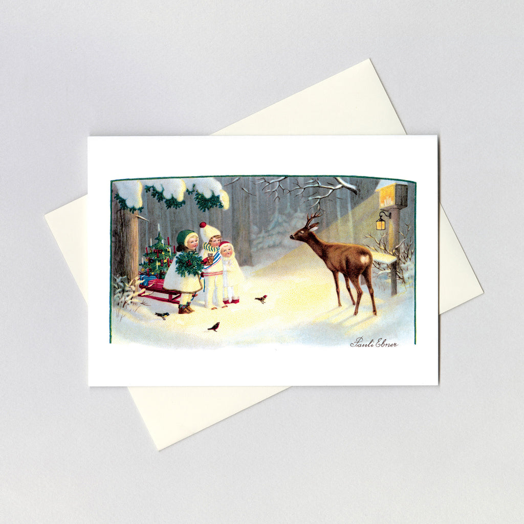 Children Feeding Animals in the Winter - Christmas Greeting Card