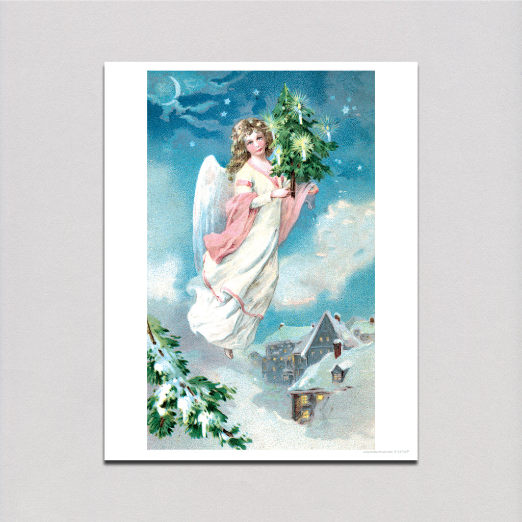 Angel Flying with a Small Christmas Tree - Christmas Art Print