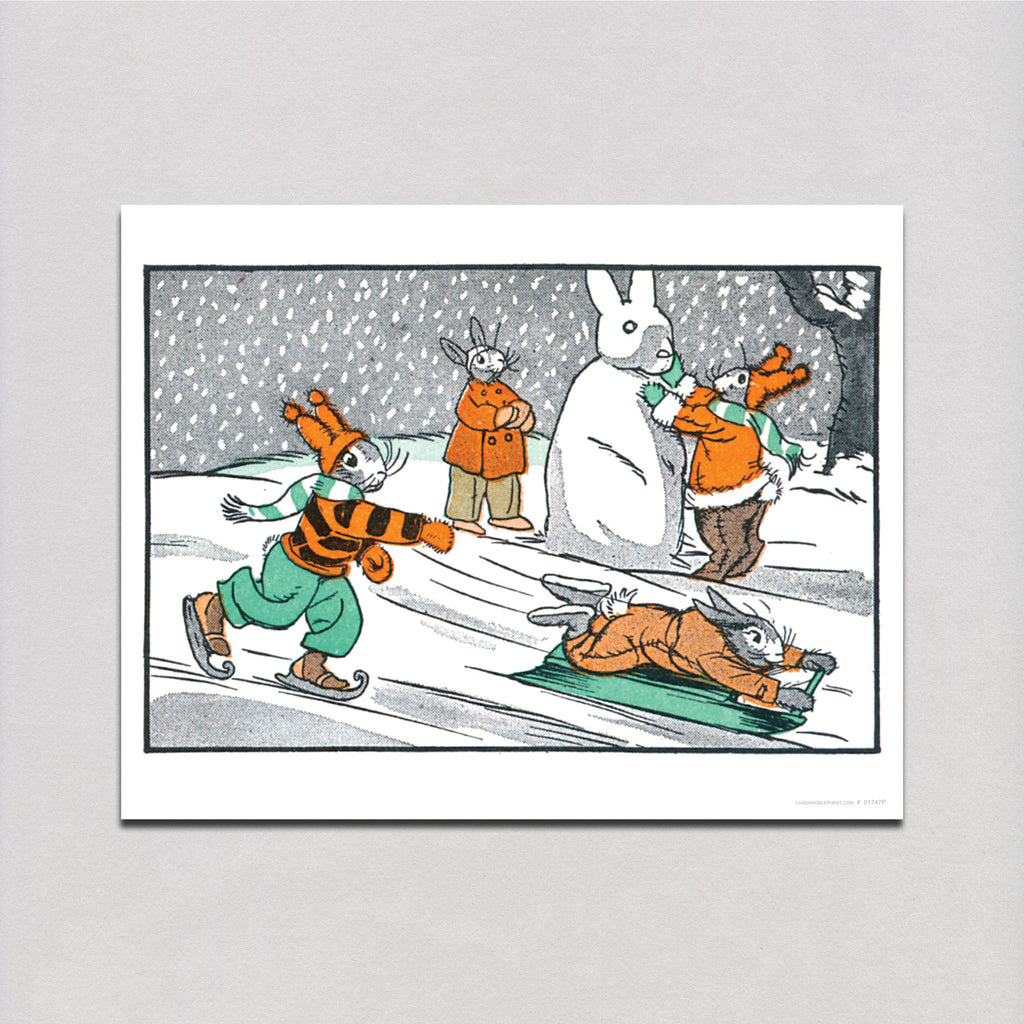 Rabbits Playing in the Snow - Christmas Art Print