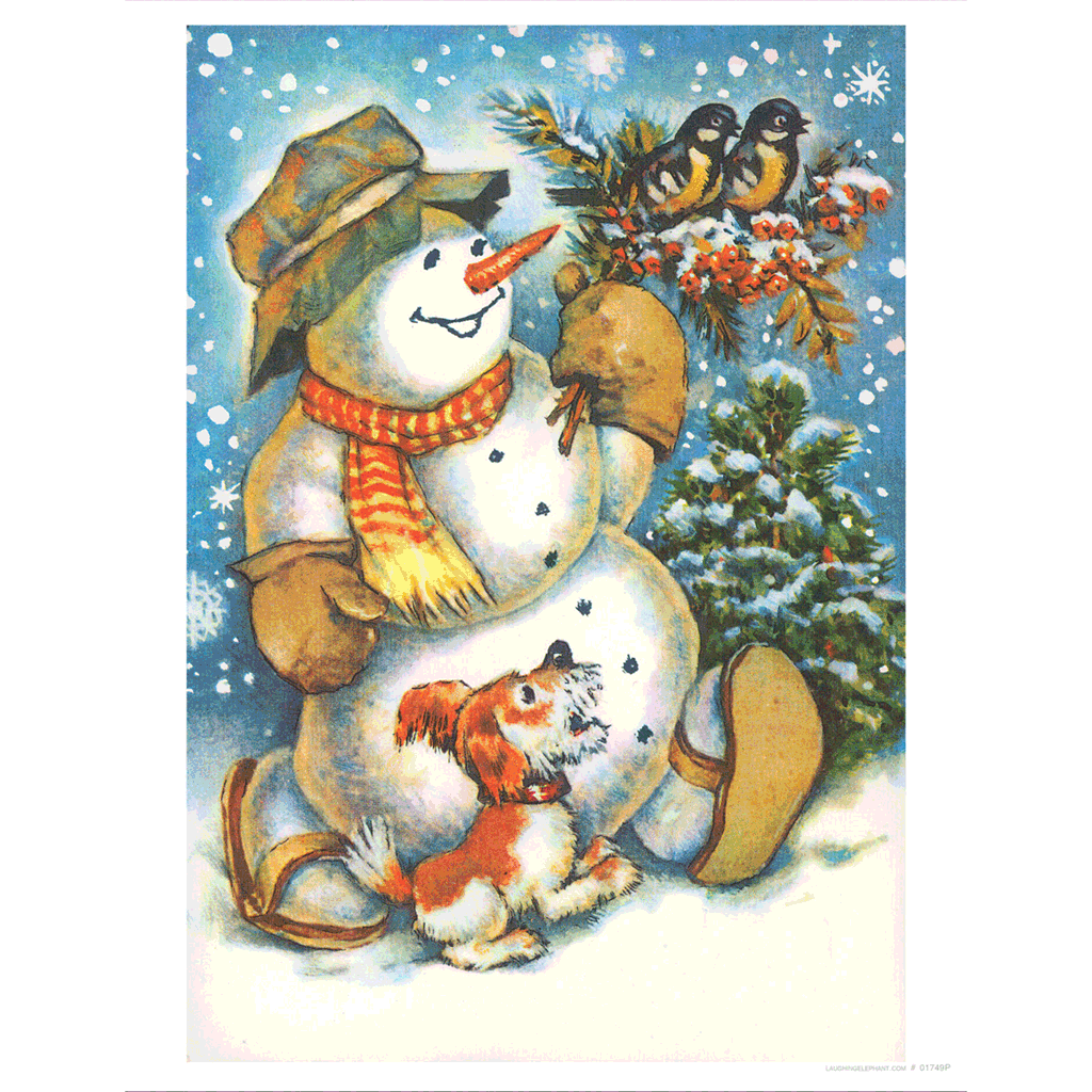 Snowman with Birds and a Dog - Christmas Art Print