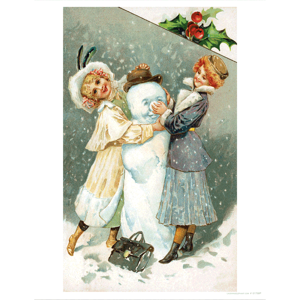 Victorian Girls Making a Snowman - Christmas Art Print