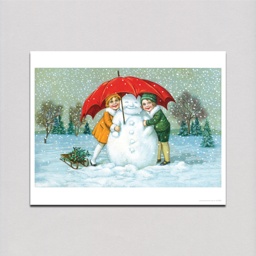 Children With Snowman And Umbrella - Christmas Art Print