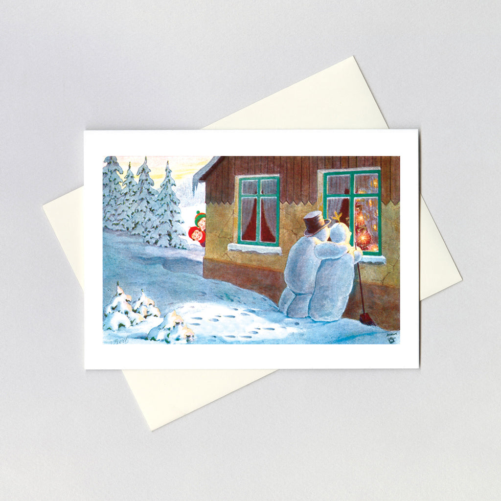 Snow Couple Looking in a Window - Christmas Greeting Card