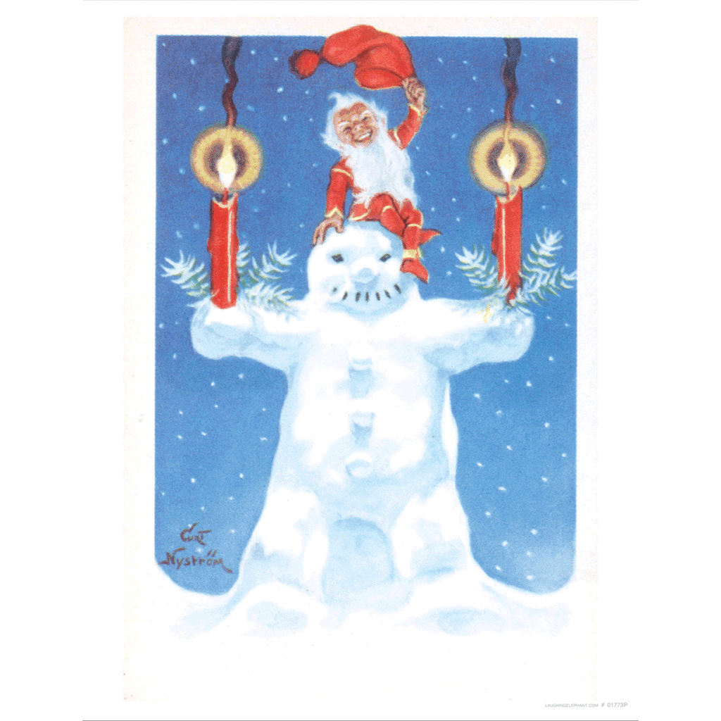 Snowman WIth Elf - Christmas Art Print