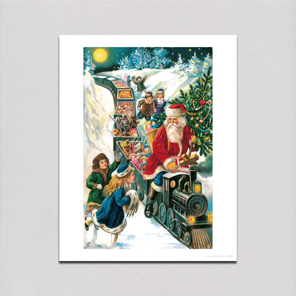 Santa Bringing Toys on a Train - Christmas Art Print