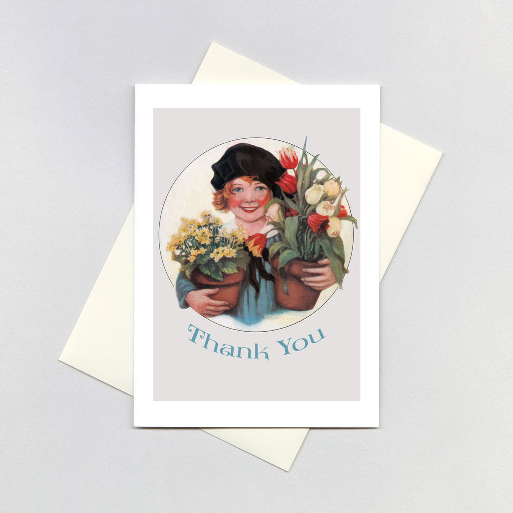 Smiling Girl w/ Pots of Flowers - Thank You Greeting Card
