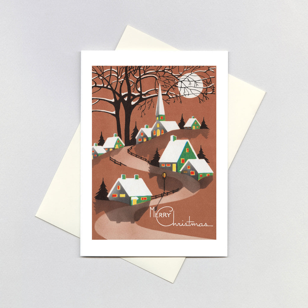 Snow Topped Houses Beneath the Moon - Christmas Greeting Card