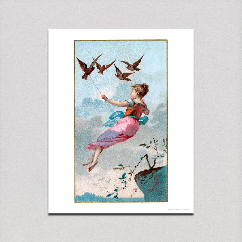 Girl Flying Held Aloft by Birds - Women Art Print