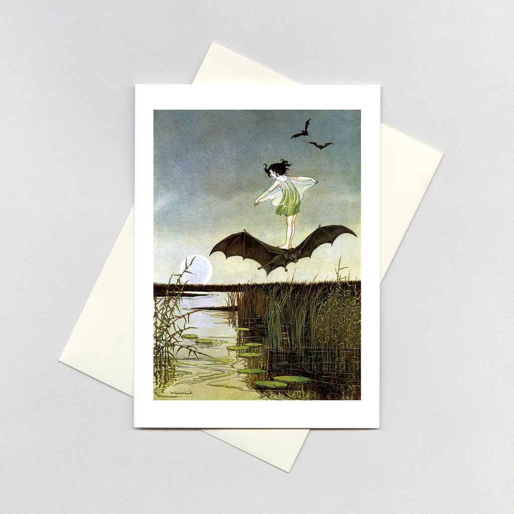 Little Witch Riding Bat - Witches Greeting Card
