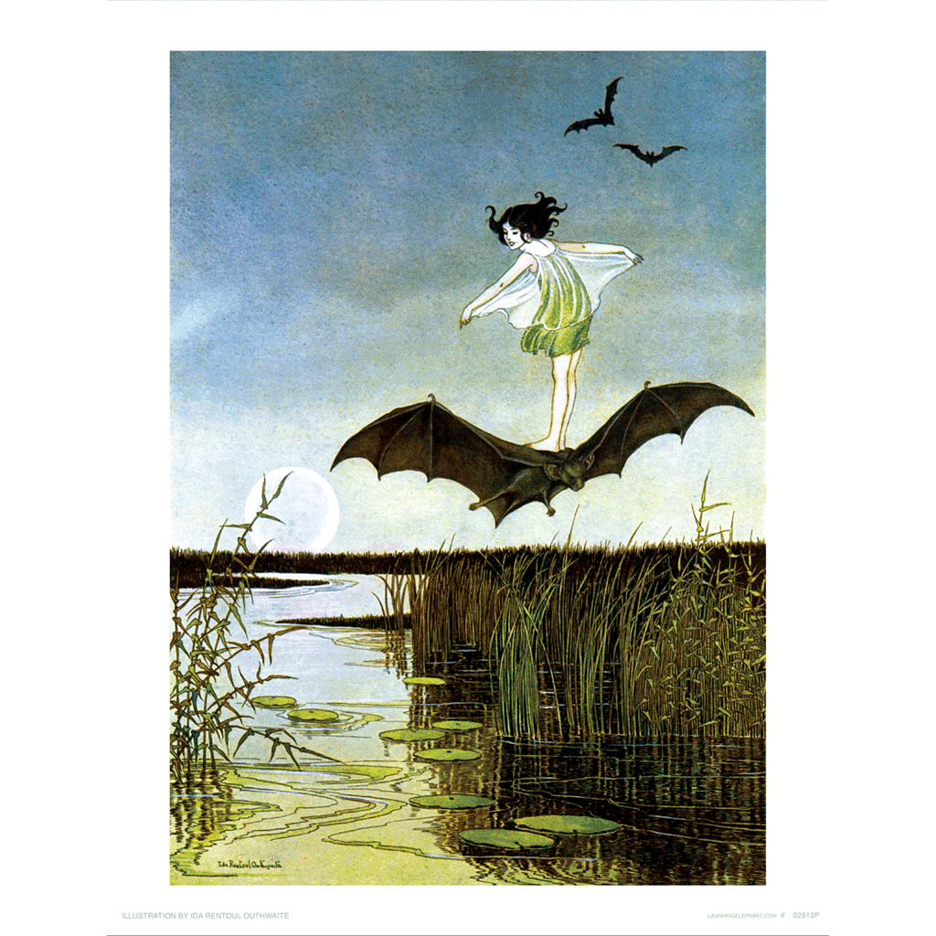 Elf Riding Bat Little Witch Riding Bat - Witches Art Print – Laughing Elephant