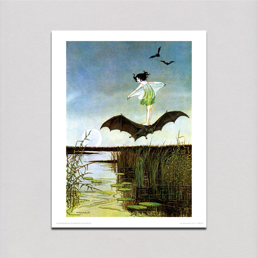 Little Witch Riding Bat - Fairies Art Print