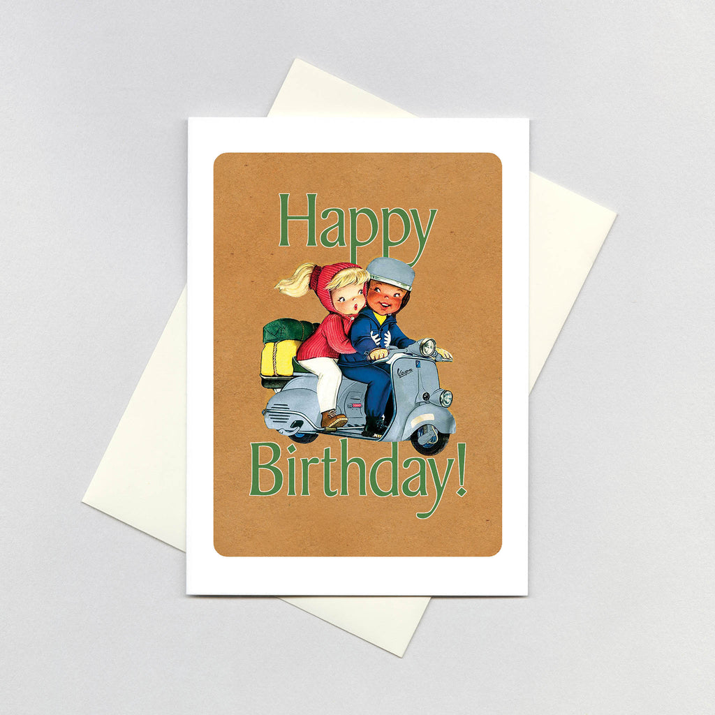 Boy and Girl on Scooter - Birthday Greeting Card