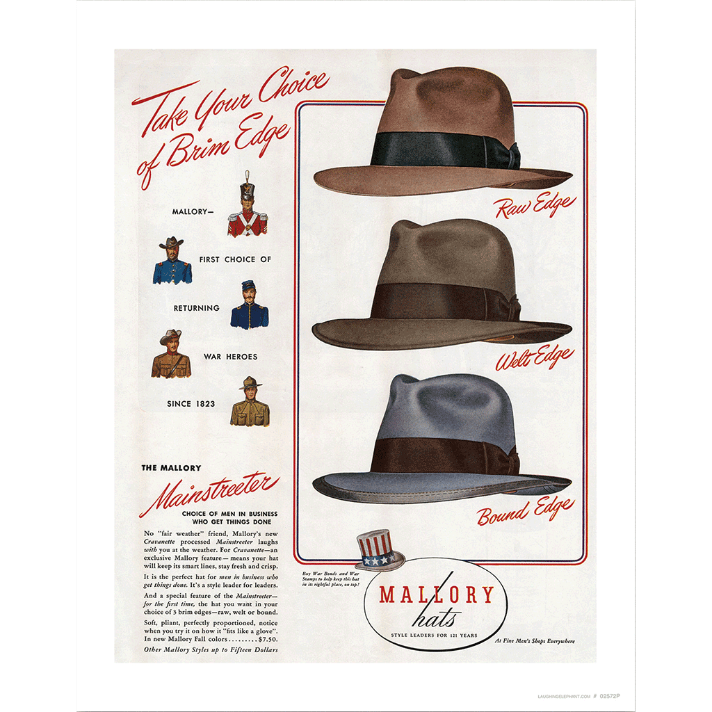 Men s Hats of the 1940s Fashion Art Print Laughing Elephant