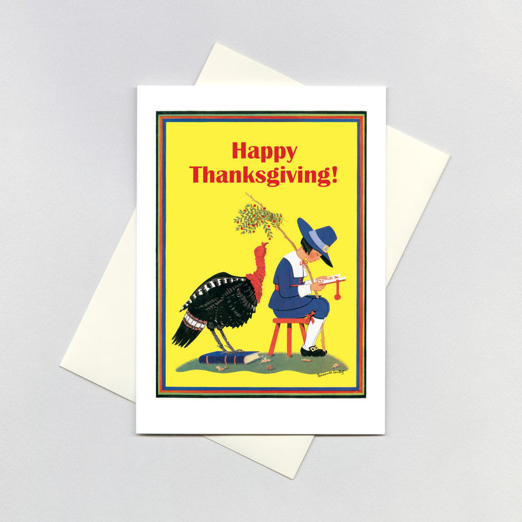 Pilgrim Boy Studying - Thanksgiving Greeting Card