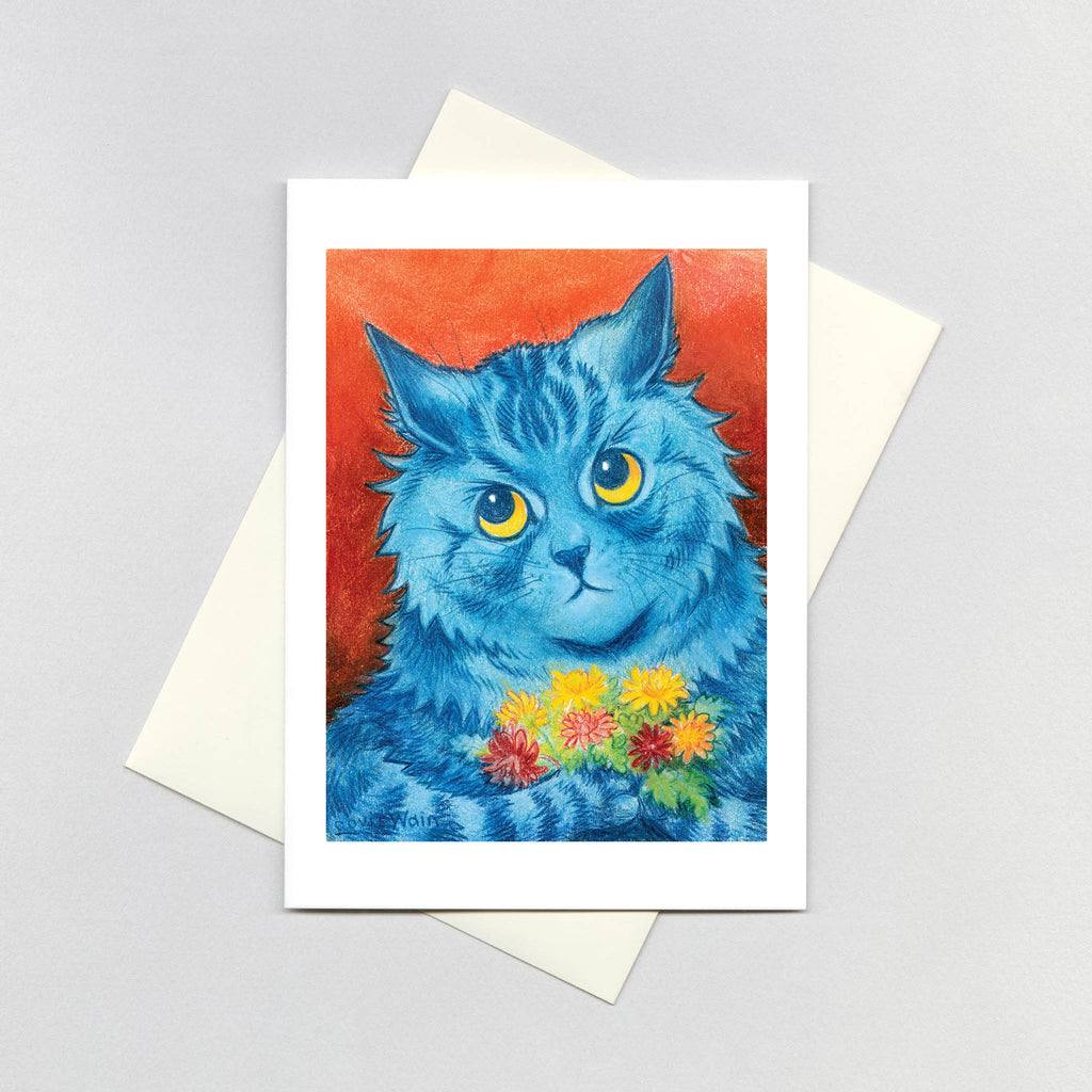Blue Cat with Flowers - Louis Wain Greeting Card