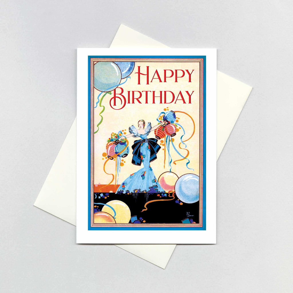 Deco Lady with Lanterns - Birthday Greeting Card