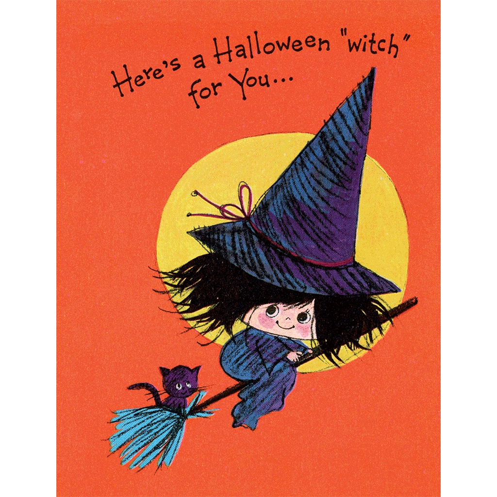 Child Witch Flying - Halloween Greeting Card