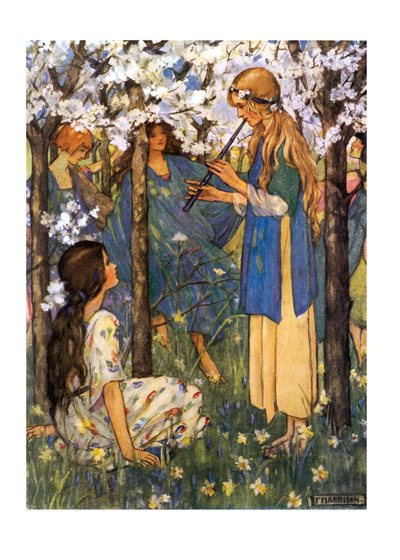 Young Women Playing Music under Flowering Trees - Friendship Greeting Card