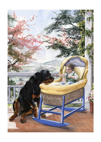 Carl Guarding a Baby in a Cradle - Good Dog Carl Greeting Card