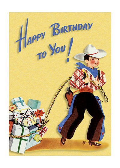 A Little Cowboy Lassos Some Gifts - Birthday Greeting Card