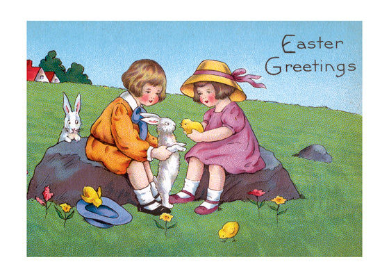 Children With Chick and Rabbit - Easter Greeting Card