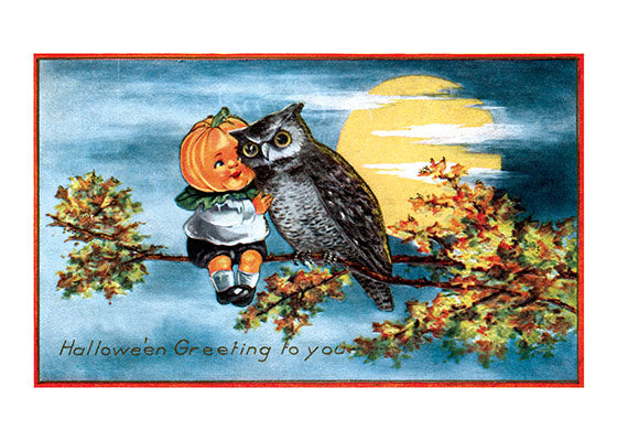 Owl and Pumpkin Girl - Halloween Greeting Card