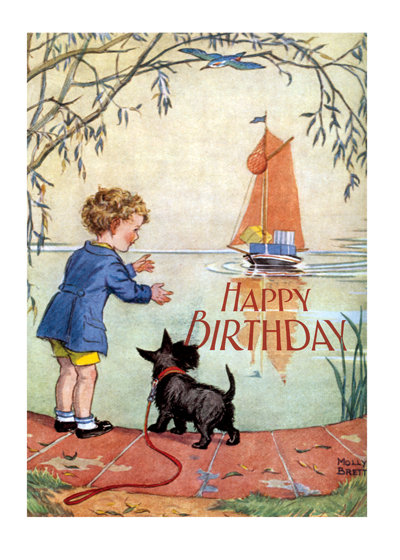 A Boy and a Scottie Dog Awaiting a Boat - Birthday Greeting Card