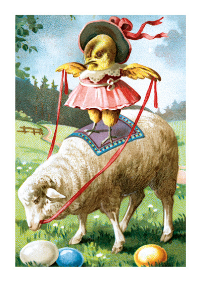 Chick Ridiing Sheep - Easter Greeting Card