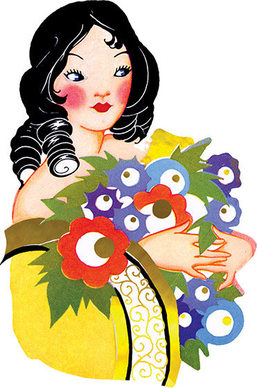 Lady With Ringlets and Flowers - Art Deco Ladies Greeting Card